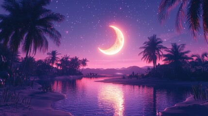 Crescent Moon over Tropical Paradise: A Nighttime Beach Scene