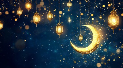 Naklejka premium Golden Lanterns and Crescent Moon Night Scene