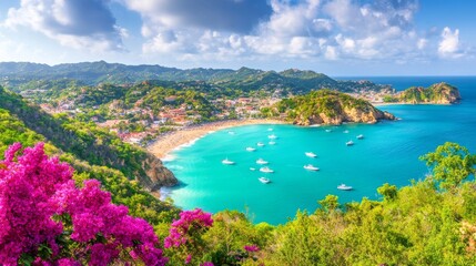 Obraz premium Tropical Bay Beachscape Boats, Lush Coastline, Sun