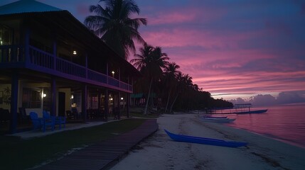 Obraz premium Tropical Beach House Sunset with Boats Peaceful Idyllic Vacation Paradise