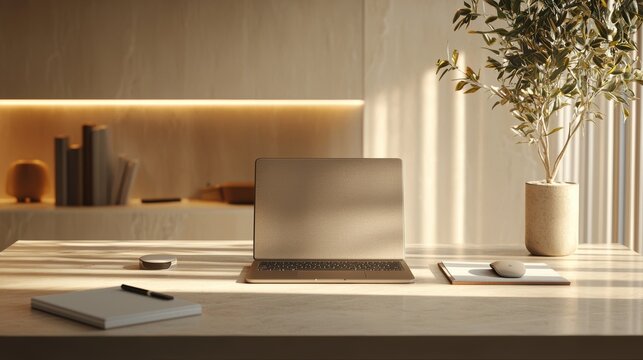 Minimalist Home Office Setup with Laptop, Sunlight, and Plant