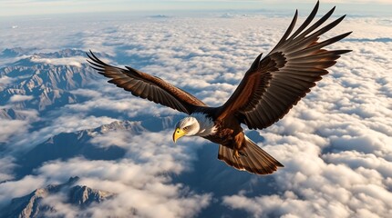 Obraz premium A majestic eagle glides effortlessly above mountainous landscapes and fluffy white clouds, symbolizing freedom and strength in a serene and picturesque natural setting
