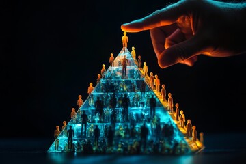 A hand directing towards an illuminated pyramid of glowing figures, symbolizing power in business
