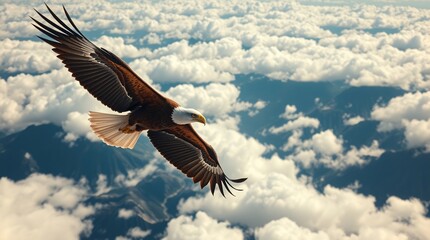 Fototapeta premium A majestic eagle glides effortlessly above mountainous landscapes and fluffy white clouds, symbolizing freedom and strength in a serene and picturesque natural setting