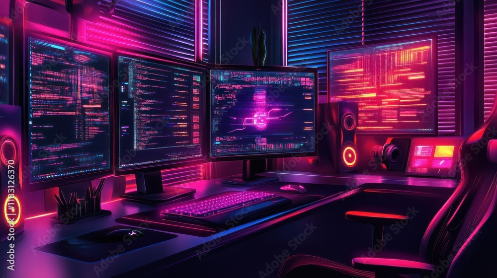 Poster neon-lit gaming setup with triple monitors displaying code.