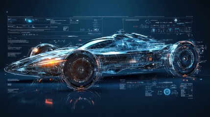 Futuristic racecar digital rendering with holographic data overlay.