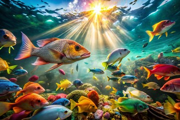 Naklejka premium Macro Underwater Scene: Fish Amidst Ocean Pollution & Sunlight Rays