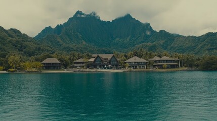 Tropical Island Estate Houses and Lush Mountainscape