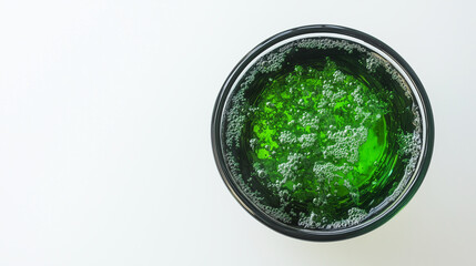 Close-up of a glass of water with a faint greenish tint, symbolizing arsenic contamination, on a plain white background with copy space. Environmental pollution and toxic substance danger concept.