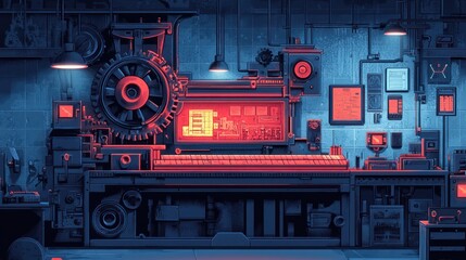 Obraz premium Steampunk workshop with glowing screens and intricate machinery.
