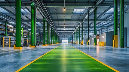 Fototapeta premium Eco-Friendly Green Logistics Park with Open Airy Warehouses and Natural Light Optimization