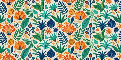 Vibrant Tropical Floral Design A Seamless Pattern of Exotic Flowers and Lush Leaves in a Bold Color Palette
