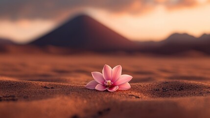 Fototapeta premium Pink Flower on Sand Desert with Mountain Background at Sunset