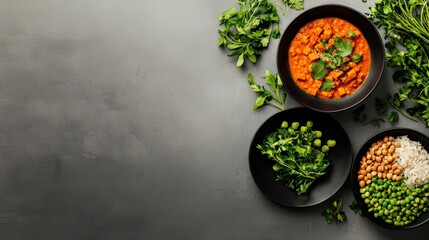 A black bowl of food with a green leaf on top