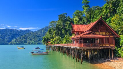 Obraz premium Tropical Overwater House on Stilts with Boats