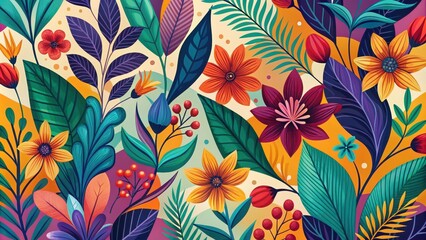 Fototapeta premium Vibrant Floral Design A Kaleidoscope of Colorful Flowers and Lush Leaves