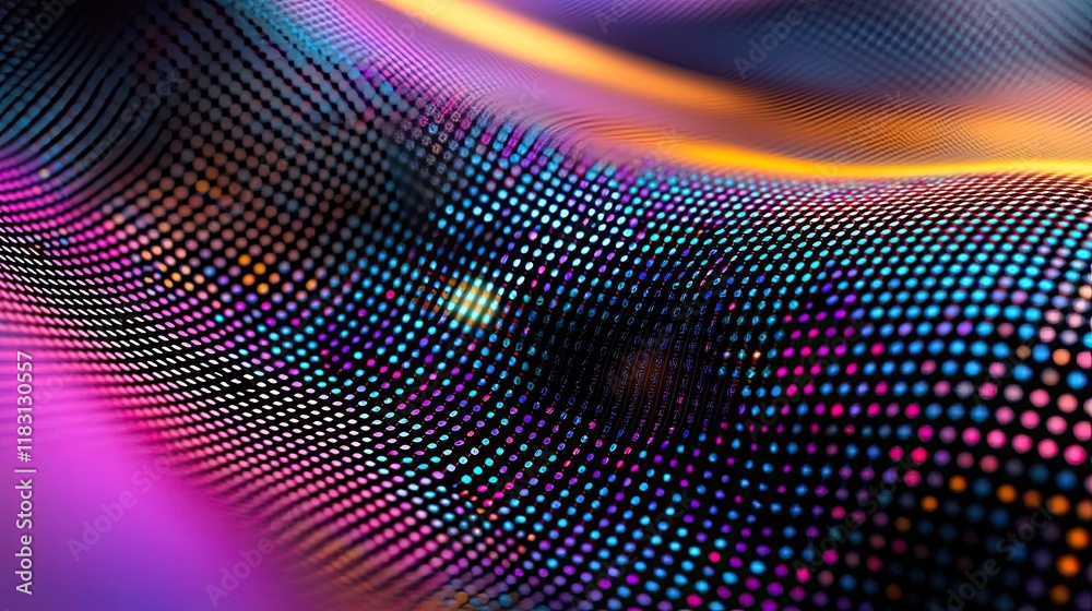 Poster Matrix abstract background idea. Colorful abstract digital background with flowing light patterns and vibrant dots.