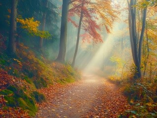 Obraz premium Harmonic autumn scenery in a colorful beech forest, with a footpath and a beam of soft light in tranquil misty atmosphere - ai
