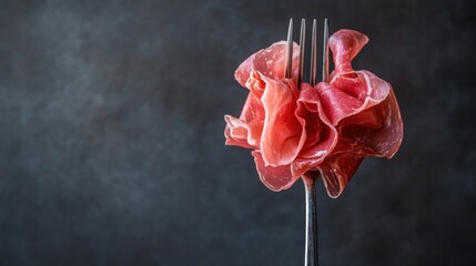 A close-up of thin slices of prosciutto artfully arranged on a fork, against a dark, moody backdrop