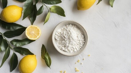 A creative flat lay of baking soda in a small dish, surrounded by freshly cut lemons and green leaves