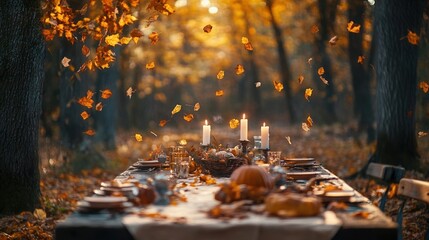 Obraz premium Autumnal Table Setting In A Forest With Falling Leaves