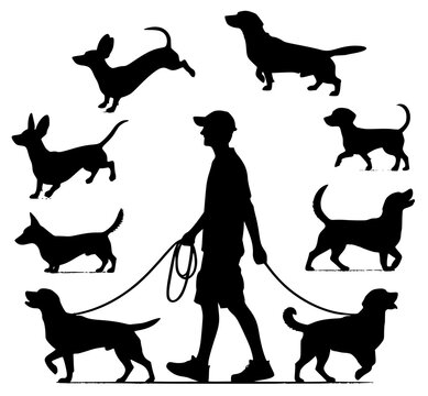 Male dog walker sitter walking with group of pets silhouette vector graphic. JPEG version.