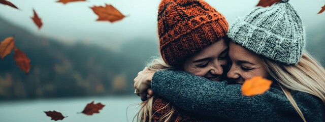 Two women hug each other while wearing hats