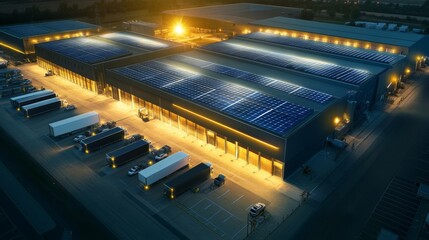 Illuminated Solar-Powered Warehouse with Energy-Efficient Lighting and Electric Fleet in Motion at Night