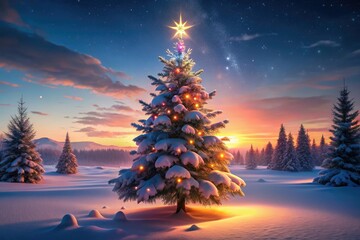 A deep depth of field showcases a field of AI-created Christmas trees, a dazzling holiday generative art piece.