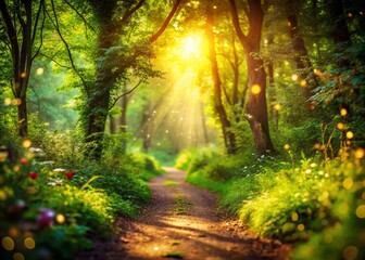 Obraz premium Magical Woodland Bokeh: Sunbeams Dappling Forest Path