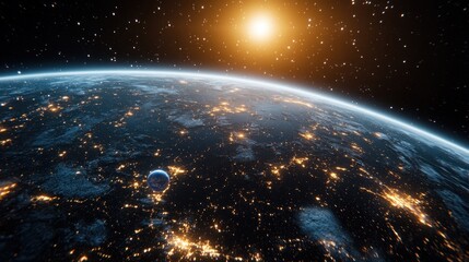 Earth from space, city lights illuminating the planet's surface, starlit darkness surrounding the globe.