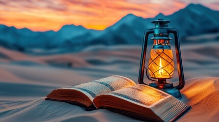Lantern with Quran and Tasbih on Rope in Silent Desert Evening