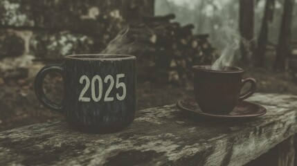 Cozy Coffee Scene with Steaming Mugs and a Rustic Background