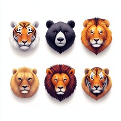 Obraz premium Wild animal portraits stunning tiger lion bear heads colorful digital art studio environment close-up perspective