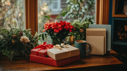 Obraz premium Cozy Home Decoration with Wrapped Gifts, Vibrant Flowers, and a Warm Mug Capturing the Essence of a Festive Atmosphere in a Sunlit Interior