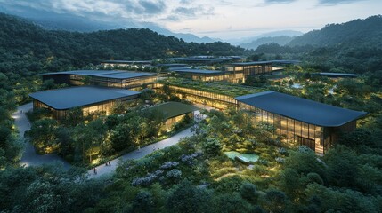 Obraz premium Eco-Friendly Distribution Center in Harmony with Wildlife Sanctuary, Green Innovation and Conservation