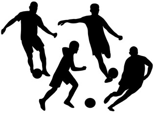 Soccer match ball silhouette. Football match game dribbling passing. Set of people soccer silhouette vector illustration. Silhouette soccer sport person. Football player run practice silhouettes. 