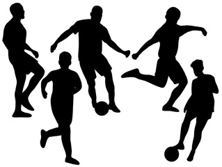 Silhouette soccer sport person. Football player run practice silhouettes. Soccer match ball silhouette. Football match game dribbling passing. Set of people soccer silhouette vector illustration.