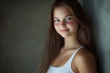 Fototapeta premium Portrait of a Young Woman with Radiant Skin and Long Hair in Soft Lighting