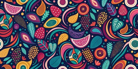 Naklejka premium Vibrant Abstract Floral and Fruit Pattern Design Featuring Bold Colors and Organic Shapes
