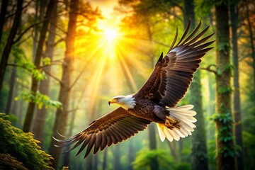Obraz premium Majestic Bald Eagle Soaring Through Lush Forest Canopy - Wildlife Stock Photo