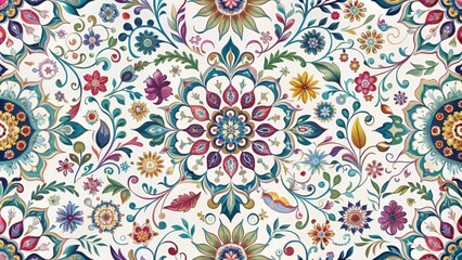 Vibrant Floral Mandala Design, Intricate Pattern with Multicolored Flowers and Swirls, Ideal for Textile Prints and Decorative Applications