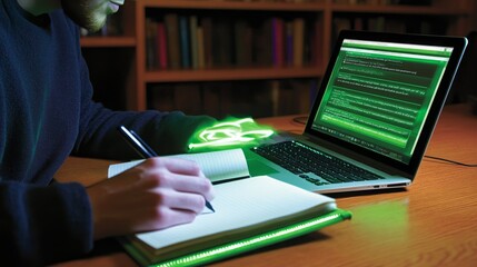 Hands of a Coder: A Person Using a Laptop in a Dark Room with Green Coding on Screen and Notepad, Creating Digital Content with Focus and Intensity