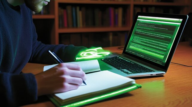 Hands of a Coder: A Person Using a Laptop in a Dark Room with Green Coding on Screen and Notepad, Creating Digital Content with Focus and Intensity