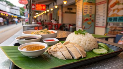 Hainanese Chicken Rice Served with Sauces and Vegetables in Street Food Setting