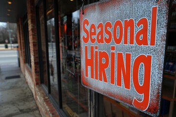 A colorful Seasonal Hiring banner is posted outside a hardware store. The sign encourages