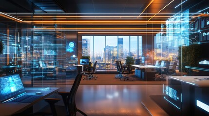 A high-tech corporate office with virtual presentation tools, interactive holograms, and seamless connectivity for business teams