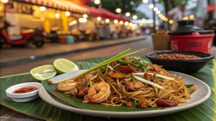Smoky Char Kway Teow with Shrimp and Lime on Plate
