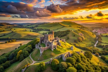 Majestic Corfe Castle Ruins, Dorset, England - Aerial Drone View