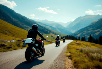mountains motocyclists countryside alpine alps austria austrian europa european action activity bike biker biking cow drive driving green group highway